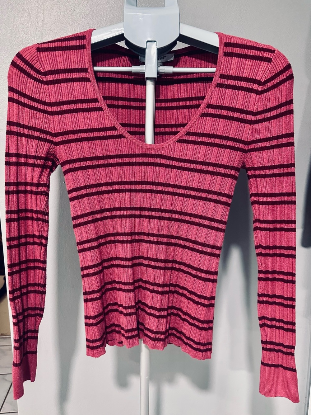 White House Black Market Pink and Black Striped Ribbed V-Neck Long Sleeve Tee